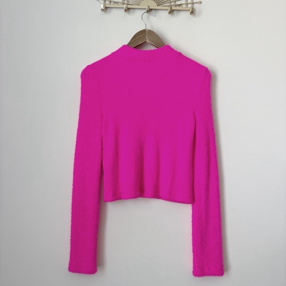 Anthropologie Neon Pink Fuzzy Sweater Medium Ribbed - Picture 3 of 7